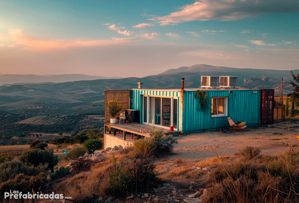 Vista exterior de casa hecha con contenedores marítimos sobre base de hormigón