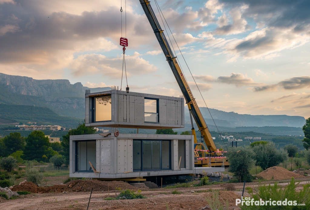 Ensamblaje de casa modular hecha con módulos de hormigón