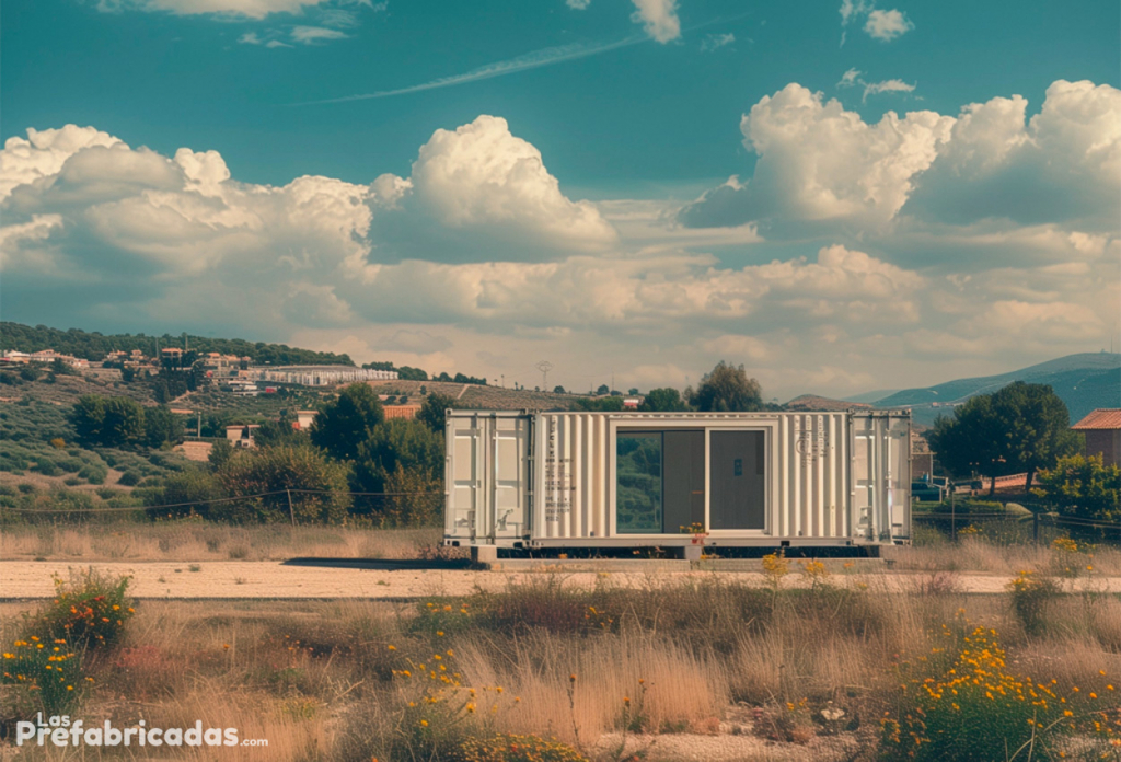 Exterior de una casa prefabricada hecha con contenedor marítimo en una parcela