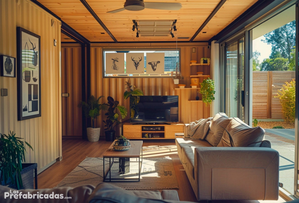 Salon moderno y minimalista de casa contenedor
