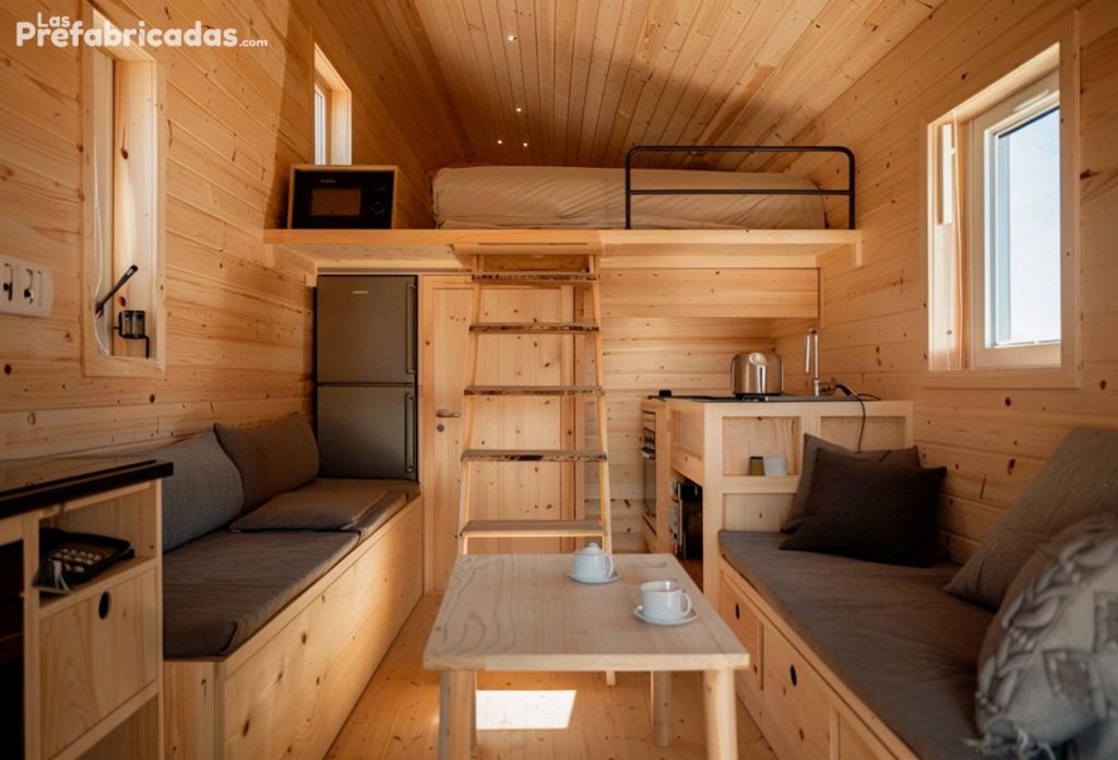 Interior de una Mini Casa o Tiny House de madera