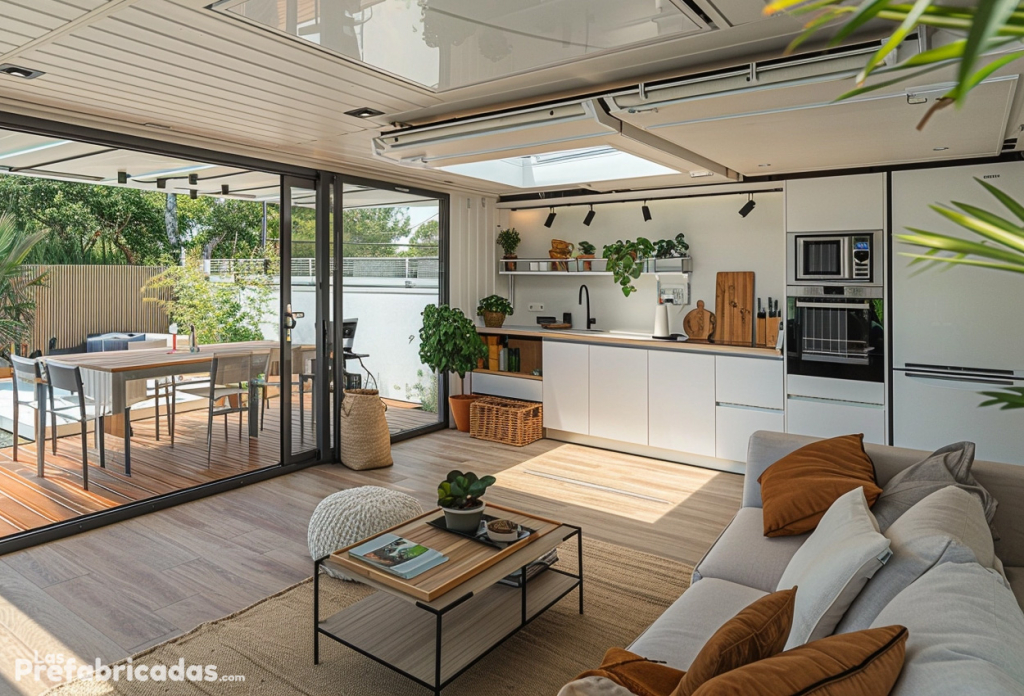 Salón y cocina interior de casa prefabricada con panel sandwich