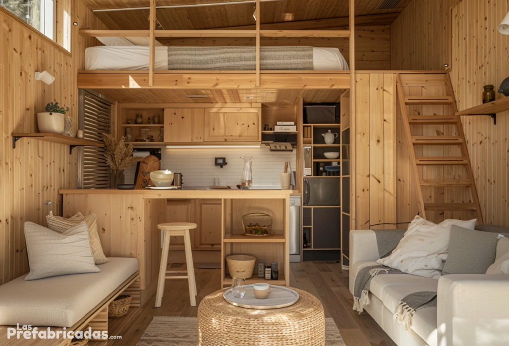 Interior acogedor de una mini casa decorada con muebles funcionales y detalles de diseño creativos